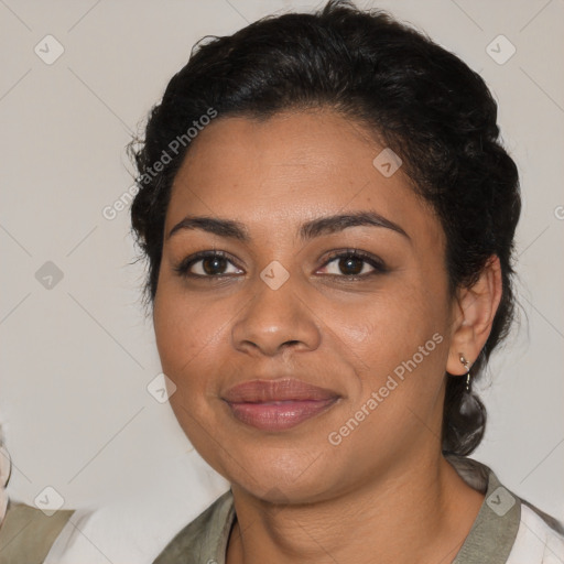 Joyful latino young-adult female with medium  black hair and brown eyes