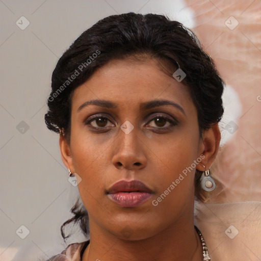 Neutral black young-adult female with short  brown hair and brown eyes