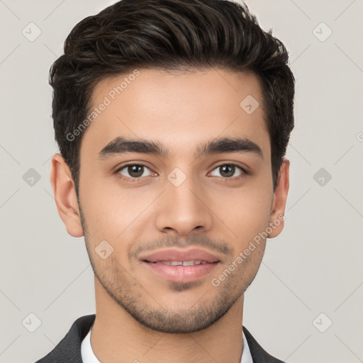 Joyful white young-adult male with short  brown hair and brown eyes