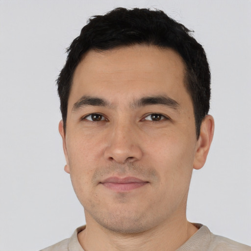 Neutral asian adult male with short  black hair and brown eyes