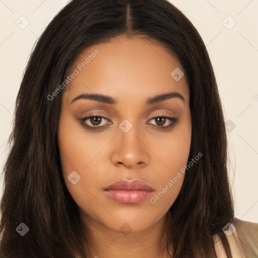 Neutral latino young-adult female with long  brown hair and brown eyes