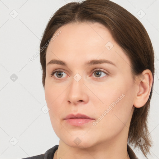 Neutral white young-adult female with medium  brown hair and brown eyes