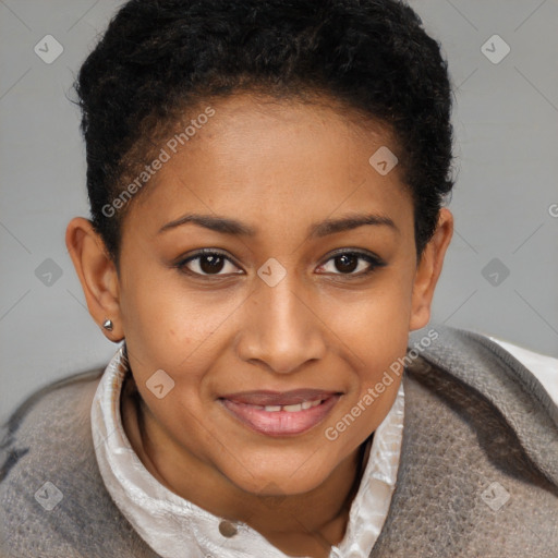 Joyful black young-adult female with short  brown hair and brown eyes