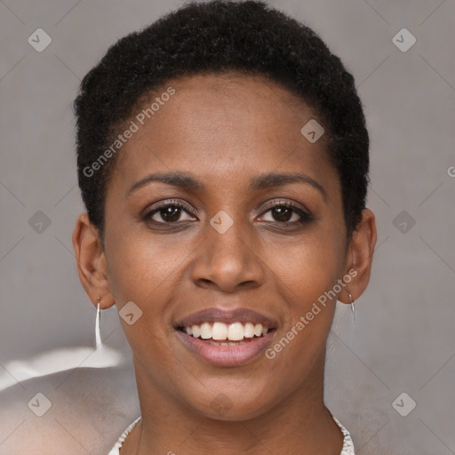 Joyful black young-adult female with short  brown hair and brown eyes