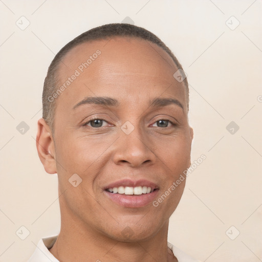 Joyful white adult female with short  brown hair and brown eyes