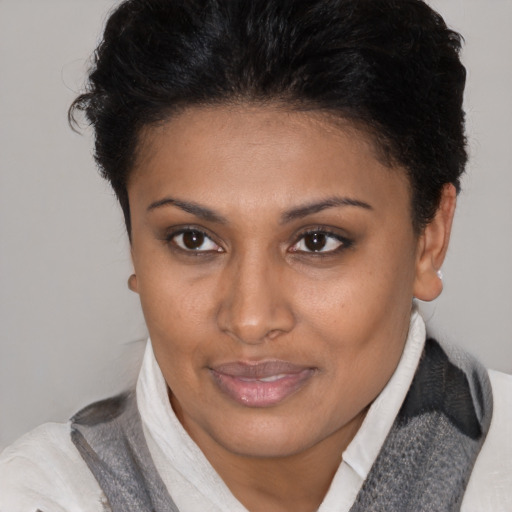 Joyful latino young-adult female with short  brown hair and brown eyes