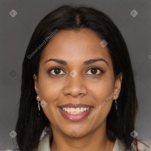 Joyful black young-adult female with long  brown hair and brown eyes