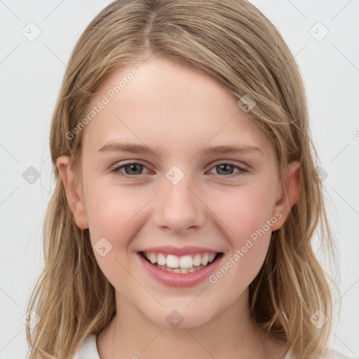 Joyful white child female with medium  brown hair and grey eyes