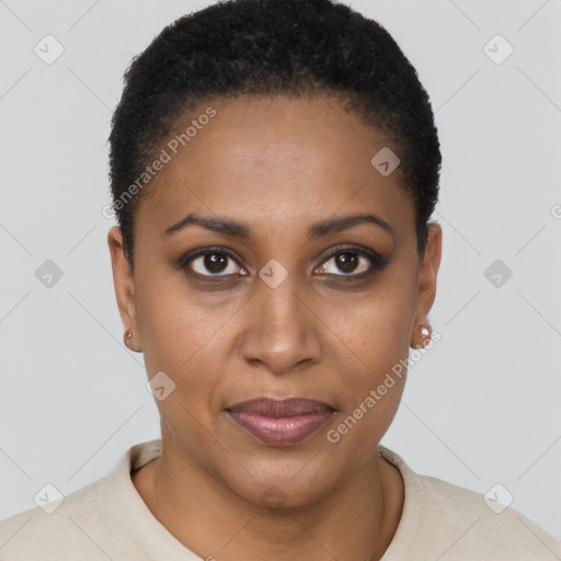 Joyful black young-adult female with short  brown hair and brown eyes