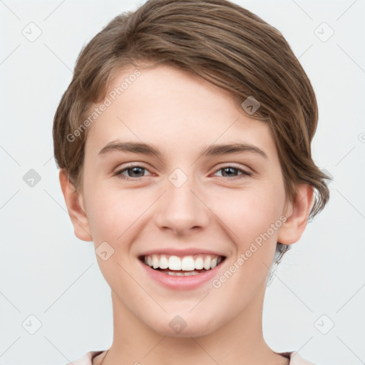 Joyful white young-adult female with short  brown hair and grey eyes