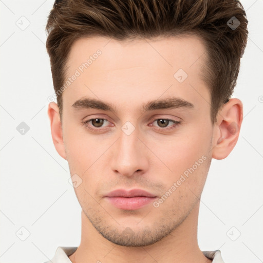 Neutral white young-adult male with short  brown hair and brown eyes