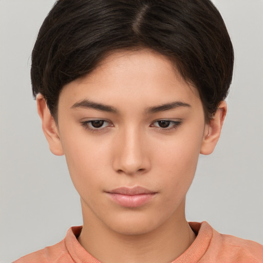 Neutral white young-adult female with short  brown hair and brown eyes