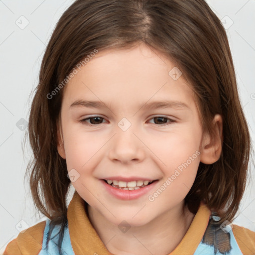 Joyful white child female with medium  brown hair and brown eyes