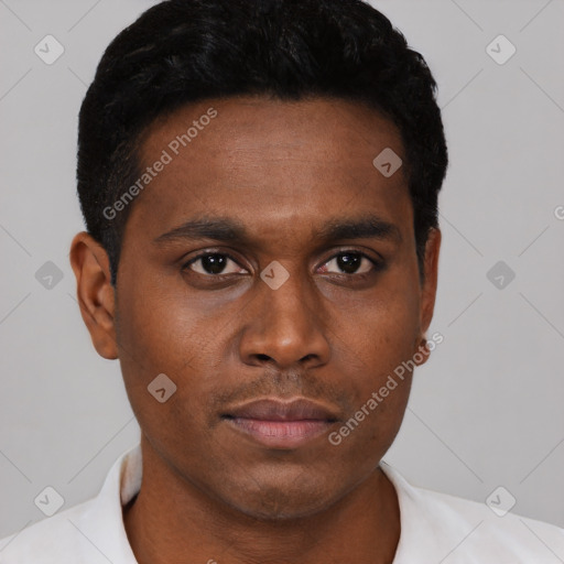 Neutral black young-adult male with short  black hair and brown eyes