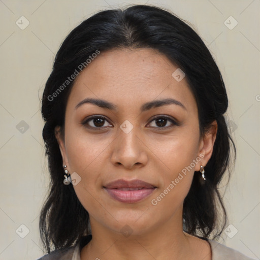 Joyful latino young-adult female with medium  brown hair and brown eyes