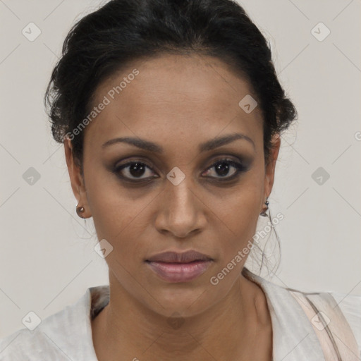 Joyful white young-adult female with short  black hair and brown eyes