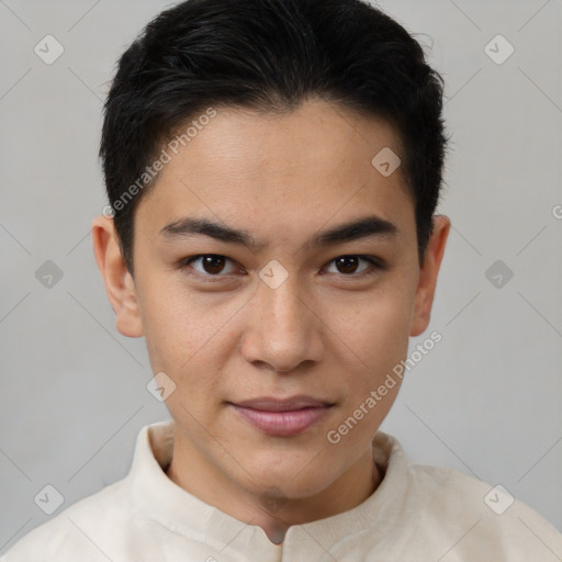 Joyful latino young-adult male with short  brown hair and brown eyes