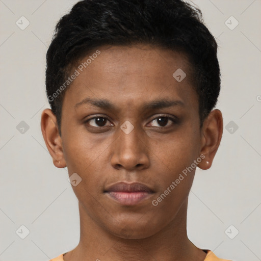 Neutral latino young-adult male with short  brown hair and brown eyes