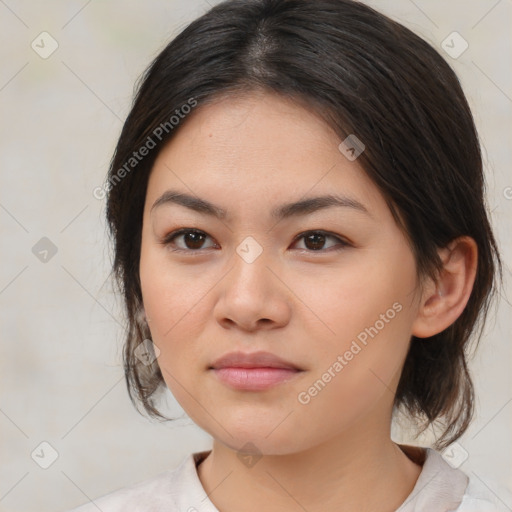 Neutral white young-adult female with medium  brown hair and brown eyes