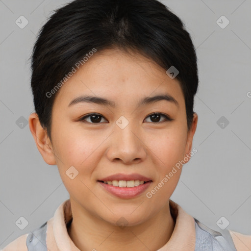 Joyful asian young-adult female with short  brown hair and brown eyes