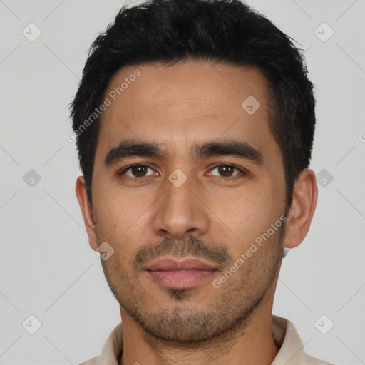 Neutral latino young-adult male with short  black hair and brown eyes