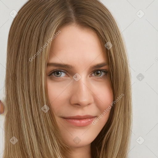 Neutral white young-adult female with long  brown hair and brown eyes