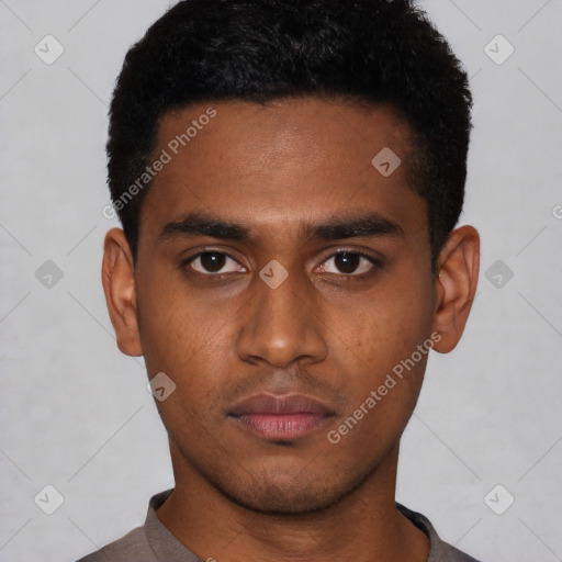 Neutral latino young-adult male with short  black hair and brown eyes