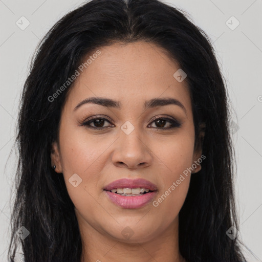 Joyful latino young-adult female with long  brown hair and brown eyes