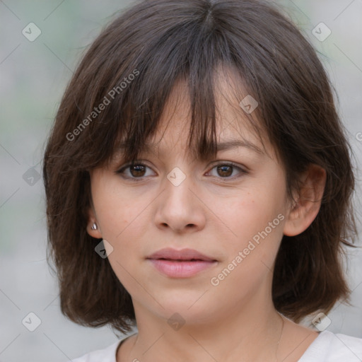 Neutral white young-adult female with medium  brown hair and brown eyes