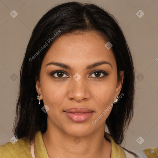 Joyful black young-adult female with medium  brown hair and brown eyes