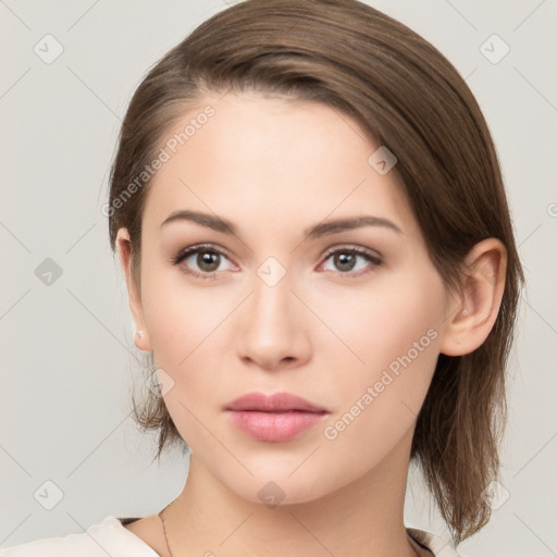 Neutral white young-adult female with medium  brown hair and brown eyes