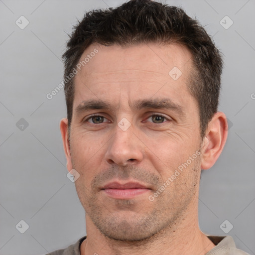 Neutral white adult male with short  brown hair and brown eyes