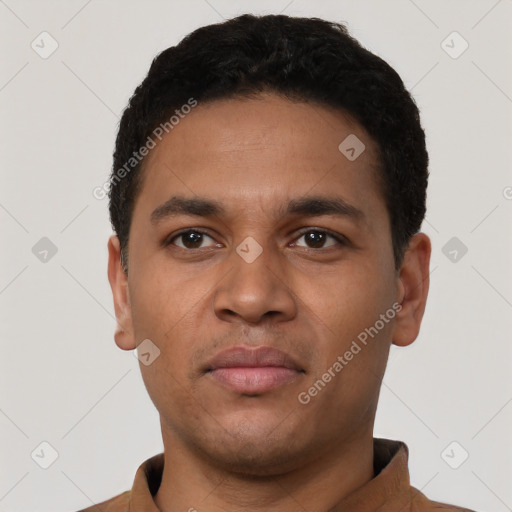 Neutral latino young-adult male with short  black hair and brown eyes