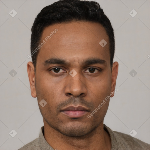 Neutral latino young-adult male with short  black hair and brown eyes