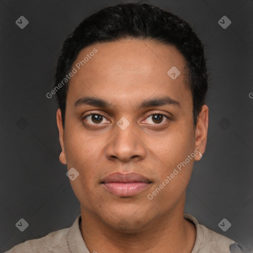 Joyful latino young-adult male with short  black hair and brown eyes