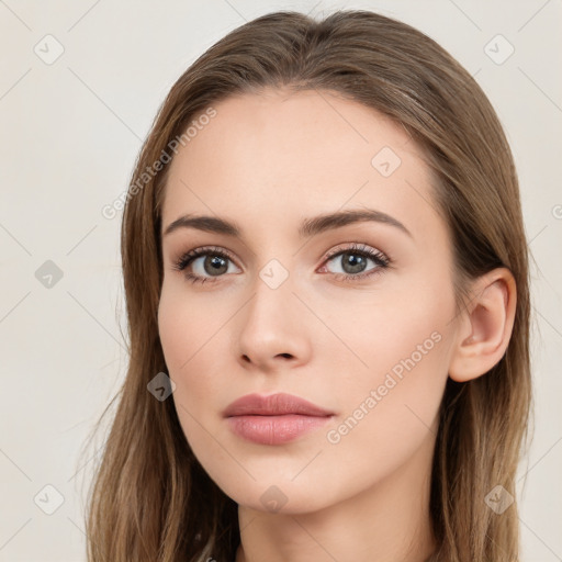 Neutral white young-adult female with long  brown hair and brown eyes