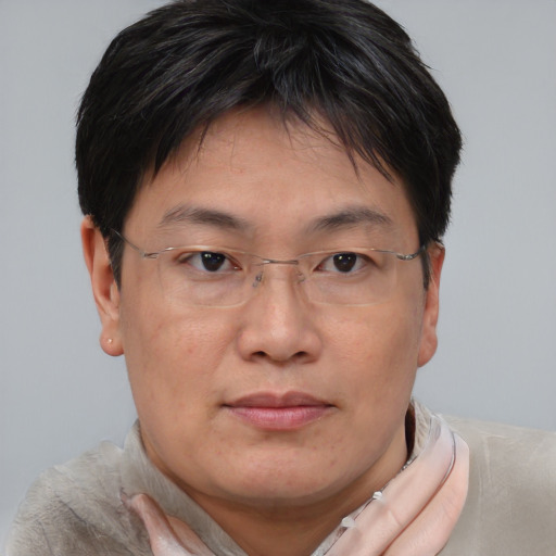 Joyful asian adult male with short  brown hair and brown eyes