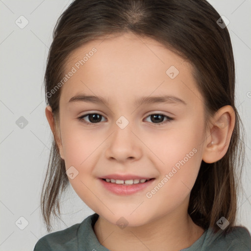 Joyful white child female with medium  brown hair and brown eyes