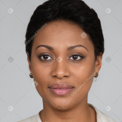 Joyful black young-adult female with short  black hair and brown eyes