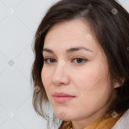 Neutral white young-adult female with medium  brown hair and brown eyes