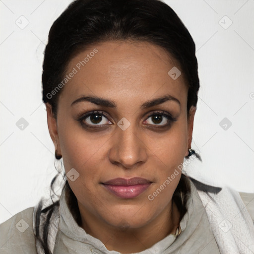 Joyful latino young-adult female with medium  black hair and brown eyes