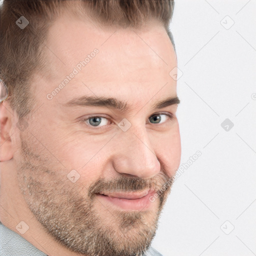 Joyful white adult male with short  brown hair and grey eyes