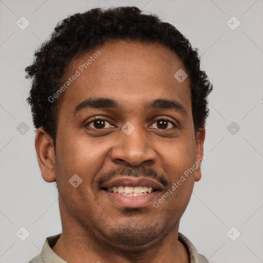 Joyful latino young-adult male with short  brown hair and brown eyes