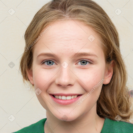 Joyful white young-adult female with medium  brown hair and green eyes