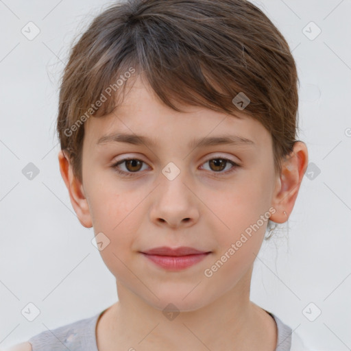 Joyful white child female with short  brown hair and brown eyes