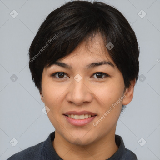 Joyful asian young-adult female with short  brown hair and brown eyes