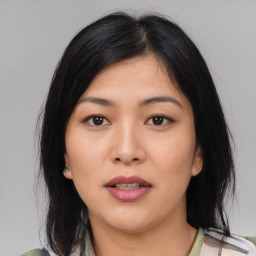 Neutral asian young-adult female with medium  black hair and brown eyes