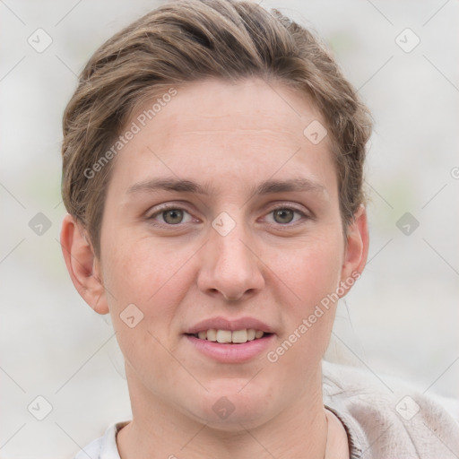 Joyful white young-adult female with short  brown hair and grey eyes