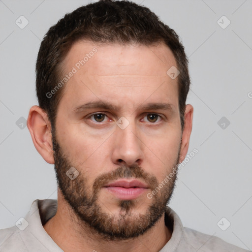 Neutral white young-adult male with short  brown hair and brown eyes