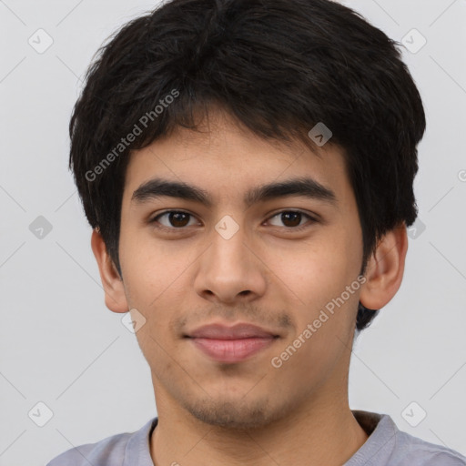 Neutral asian young-adult male with short  brown hair and brown eyes